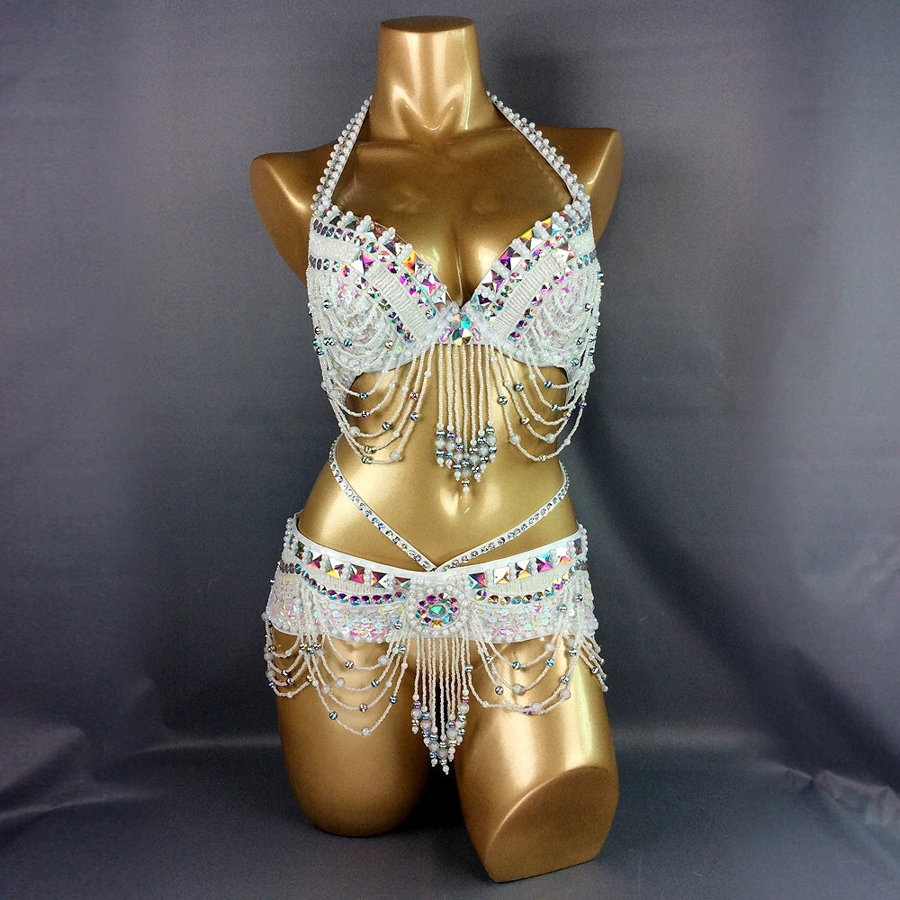 New Women's Beaded Belly Dance Costume Halloween Wear Bar+Belt 2pcs Set Christmas Party Dancing Wear Rave Outfit