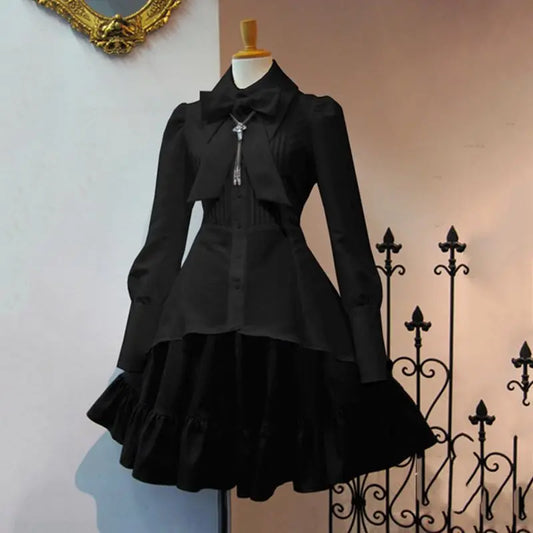 2025 Summer Elegant Party Black Gothic Women Lolita Dresses Big Size Bow tie Pleated Lace Up Goth Vintage White Chic Jurken