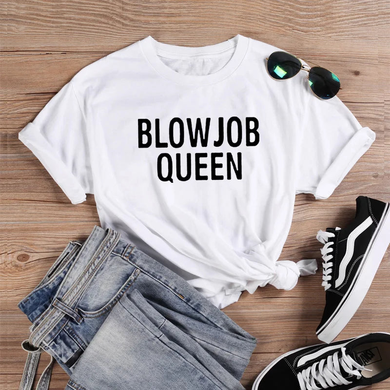 Women Harajuku O-neck Ladies Top Tee Shirt Femme Black & White Blow Job Fashion T-shirt Women Summer T Shirt