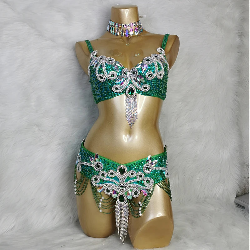 New Arrival Women's Beaded Belly Dance Costumes Wear Bra Belt 2pc Sets Ladies Bellydancing Costumes Carnival Bellydance Clothes