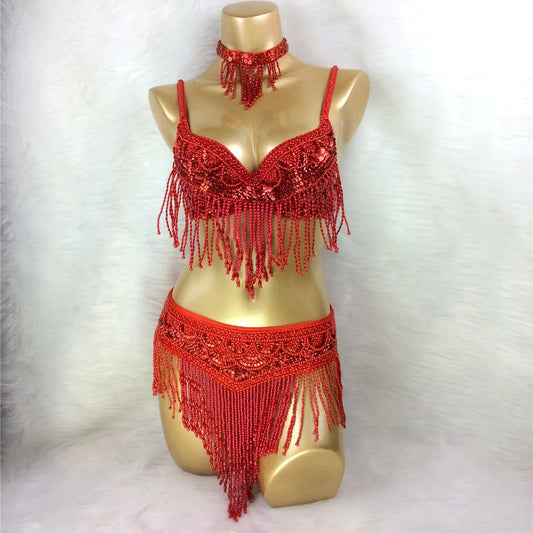 Hot Sale Women Belly Dance Costume 3pcs/set Bra Belt Necklace 4 Colors Ladies Sexy Professional Dance Costumes