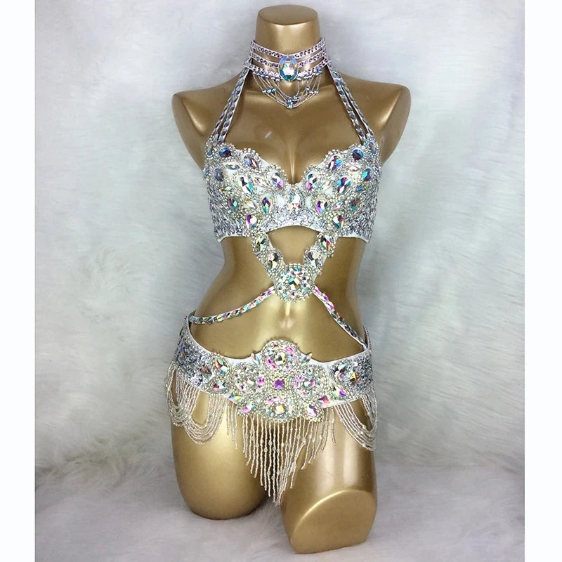 Hot Sale Women's Beaded Crystal Belly Dance Costume Wear Bra+Belt Set Sexy Bellydancing Suit Bellydance Clothes