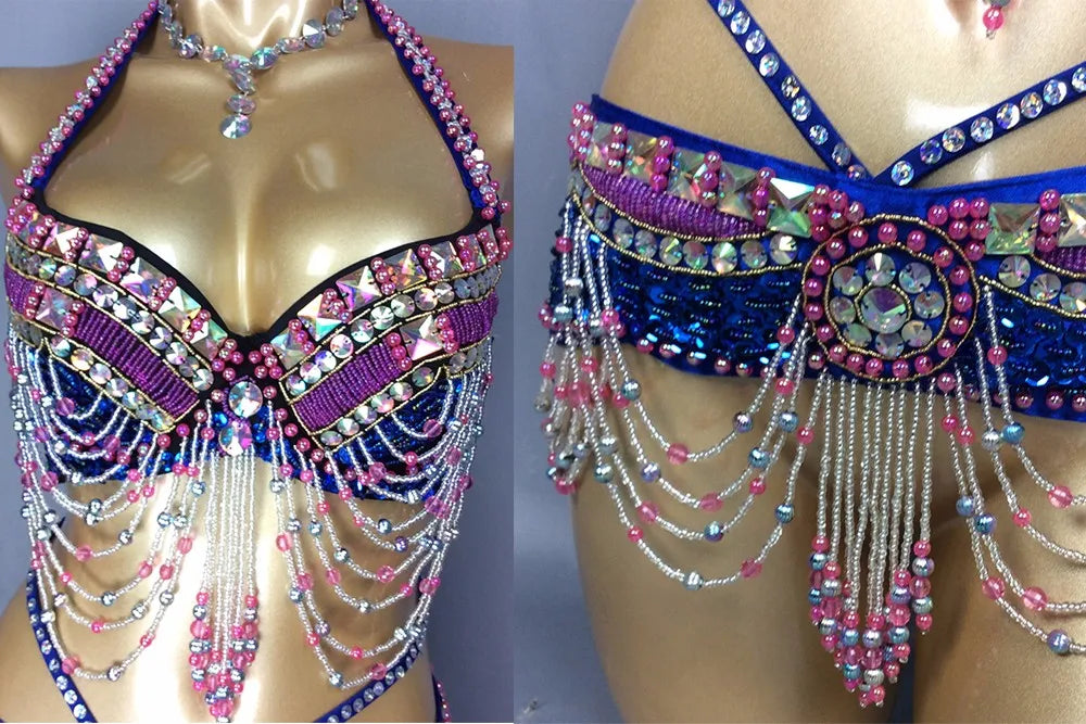 New Women's Beaded Belly Dance Costume Halloween Wear Bar+Belt 2pcs Set Christmas Party Dancing Wear Rave Outfit