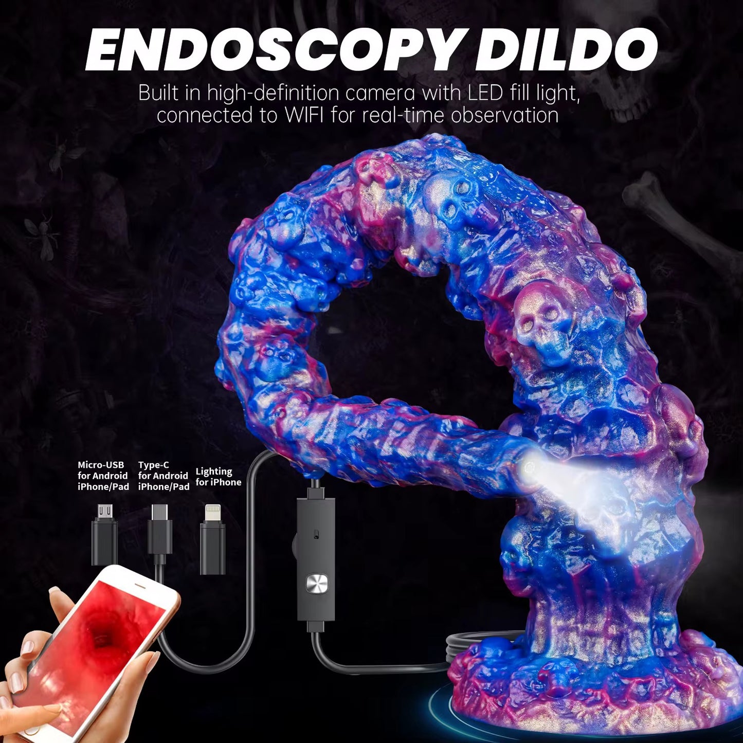 Super Long Endoscope(camera) Skull Alien Dildo
