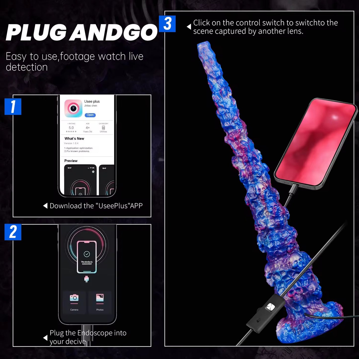 Super Long Endoscope(camera) Skull Alien Dildo
