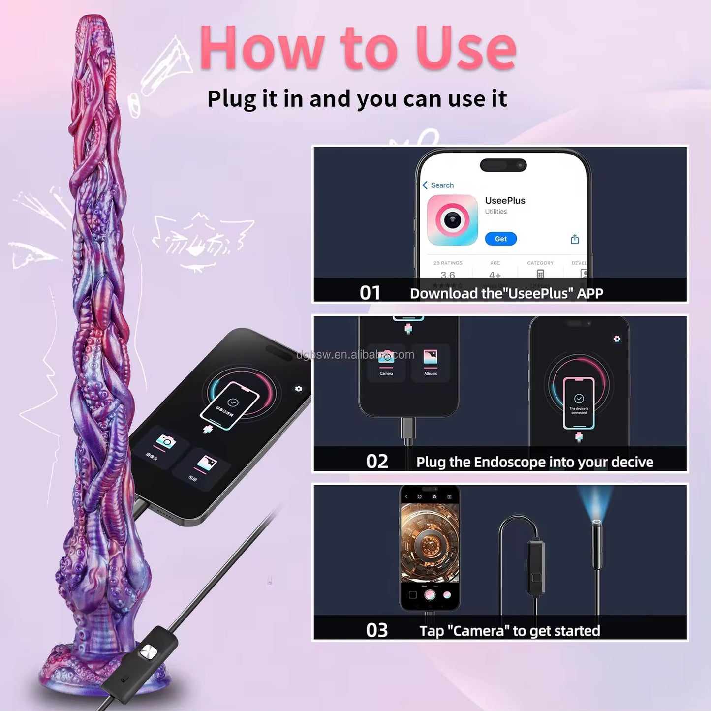 Super Long Endoscope(camera) Skull Alien Dildo