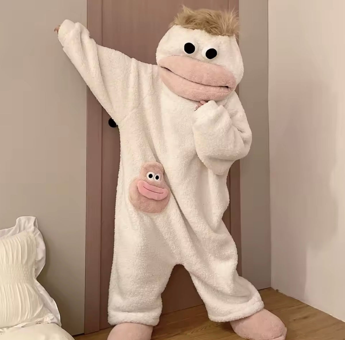 New Big Mouth Monster Cute Funny Onesie Pajamas Thickened Coral Fleece with comb