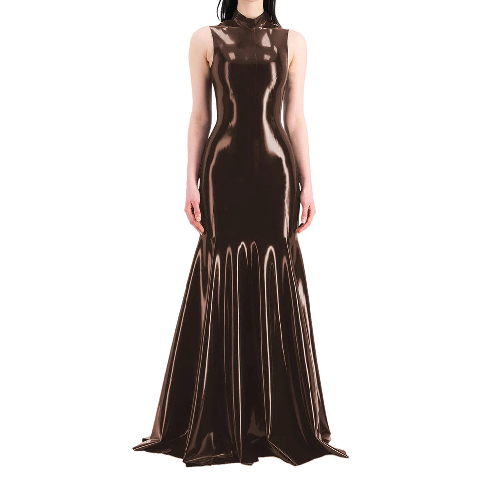 Women's Sleeveless Half High Neck Wet Look PVC Maxi Dress, Faux Latex Mermaid Floor-Length Dress, Party Club Fetish Outfit,