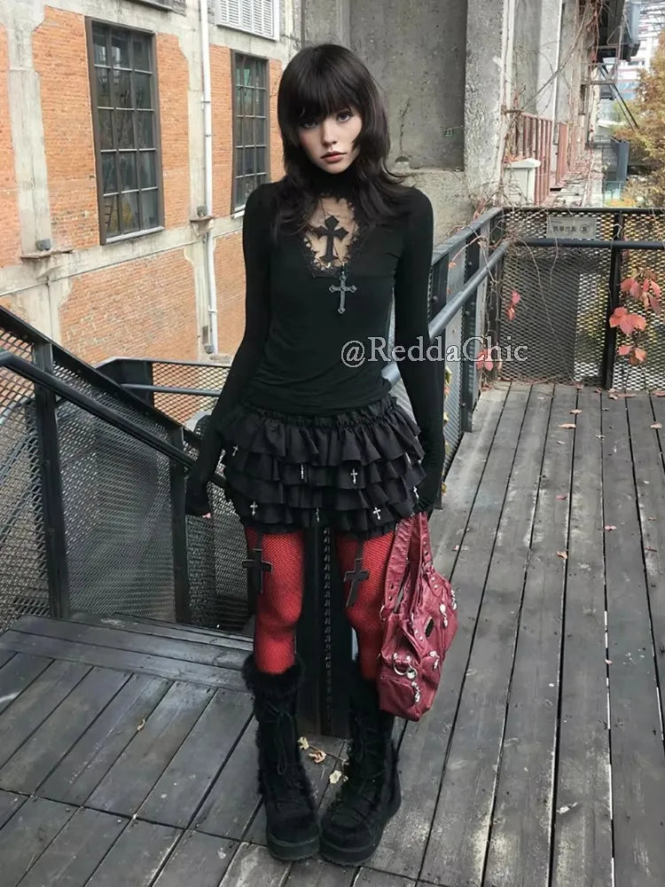 REDDACHiC Alt Goth Cross Decor Black Bloomers Retro Elastic Waist Tiered Ruffle Cake Pumpkin Shorts Panties Lolita Women Bottoms