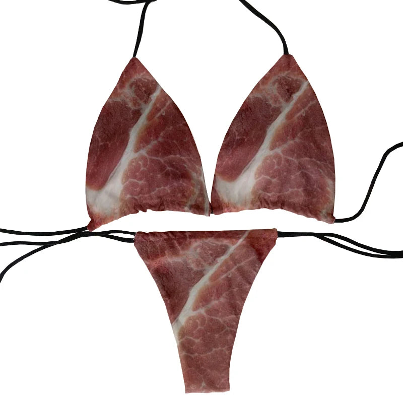 Funny pork belly pattern printed bikini set personality fashionable skinny bikini deep V summer beachwear party bikini