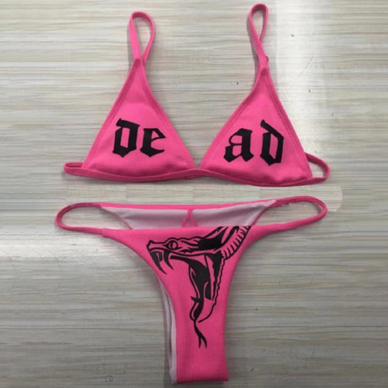 Gothic Bikini 2025 Women Letters Snake Print Bra Triangle Bottom Swimsuit Split Bathing Suit Underwear Y2K Bikinis Punk Swimwear