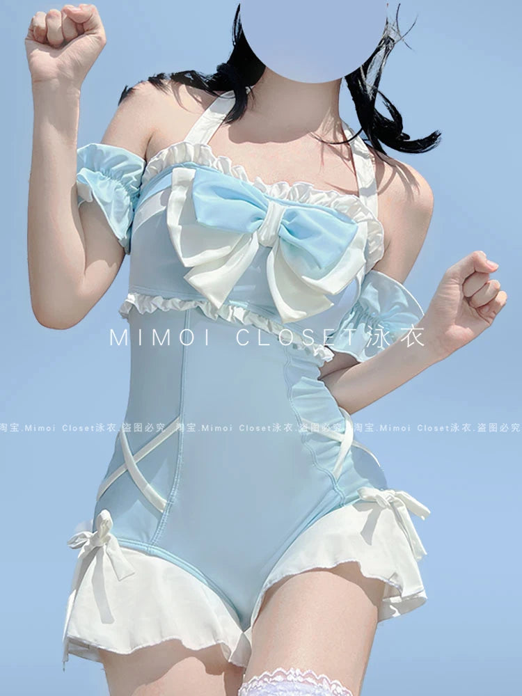 New Lolita Bow Girl Cute Water Blue Swimsuit Hot Spring Bathing Swimwear Japanese Style Women One Peice Swim Suit
