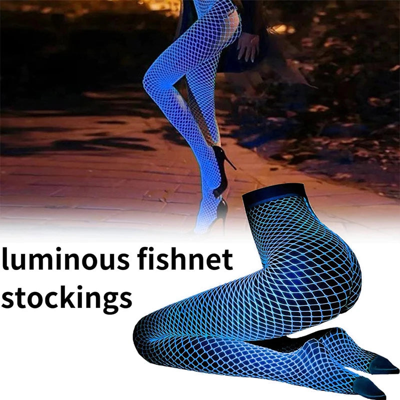 Night Fluorescent Women's Long Socks Fishnet Body Stockings Curve Lingerie Y2k Mesh Fabric High Waist Sex Tights Sexy Bodysuits