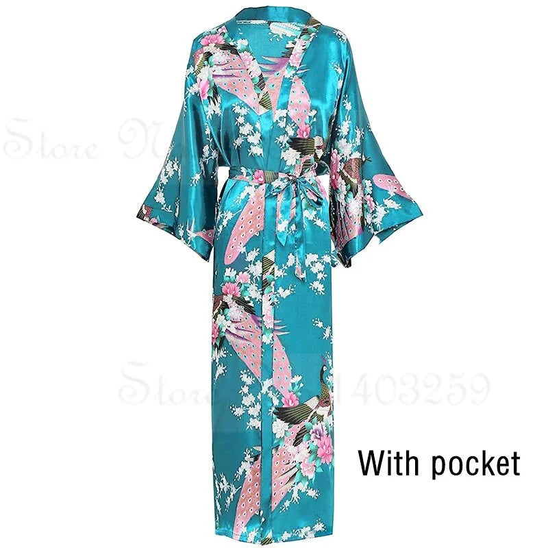 Women Long Robe Kimono Bathrobe Gown with Pockets Sexy Wedding Bride Bridesmaid Dressing Gown Oversize Satin Homewear Loungewear