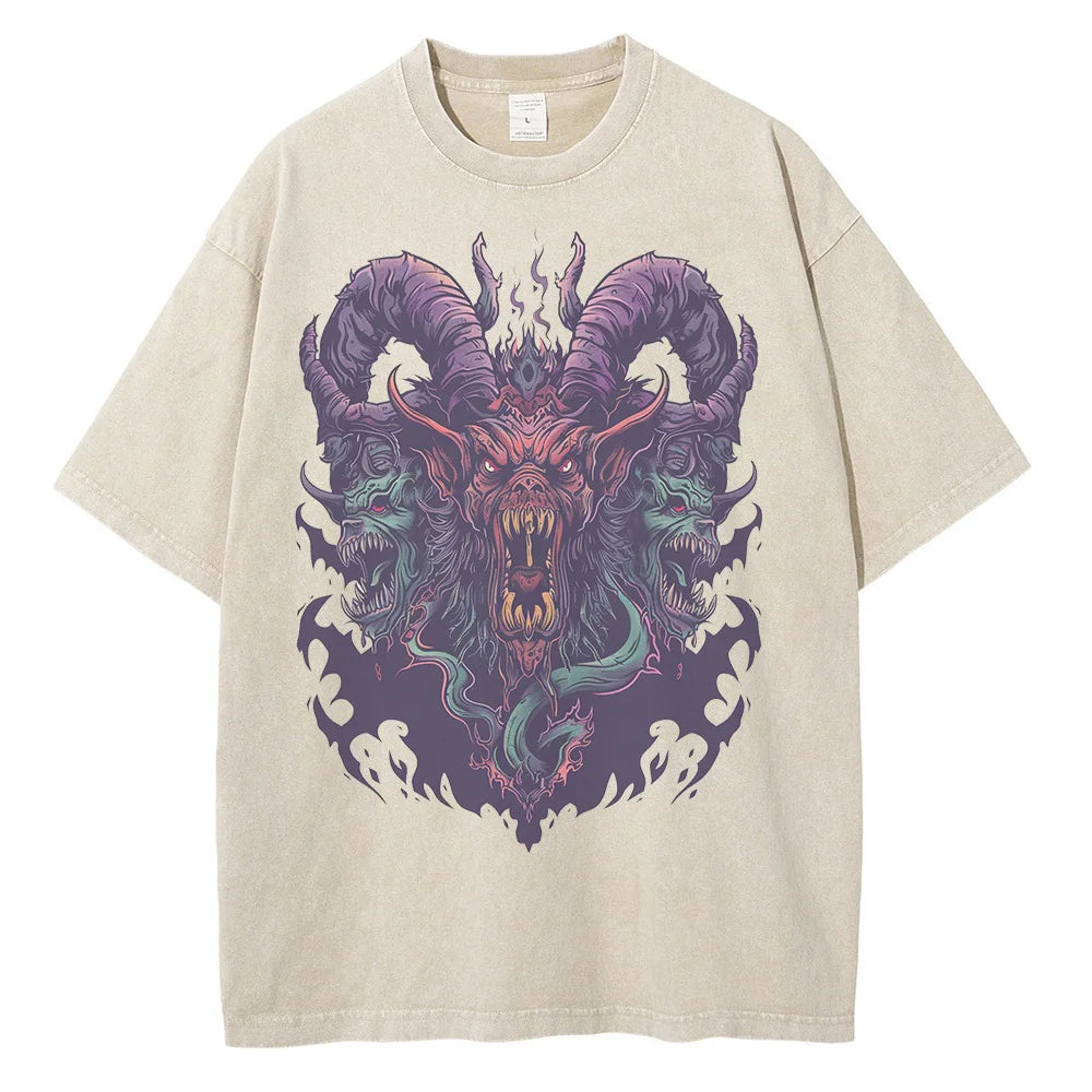 Cotton Distressed Batik Washed Graphic T-shirts Hell Demon Beast Printed T-shirt Drop Shoulder Vintage Oversized T-shirt 230GSM
