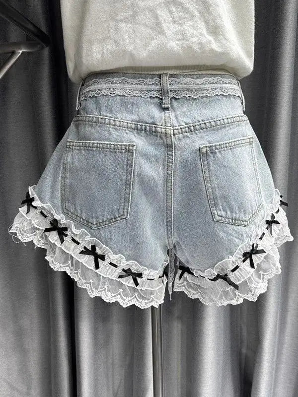 Sweet Lace Splicing Denim Shorts Women's 2025 Summer New A-shaped Wide-footed Jeans Hot Pants