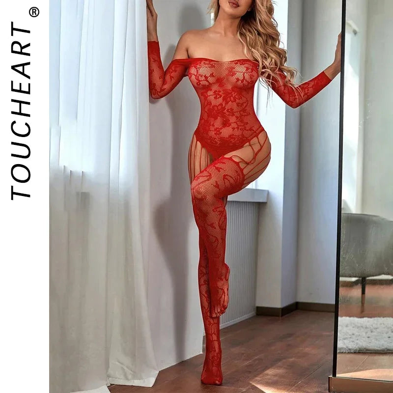 Toucheart Purple Sexy Bodysuit Party Jacquard Off-Shoulder Body Shaping Jumpsuit for Women Solid Color Mesh Hollow Sexy Bodysuit