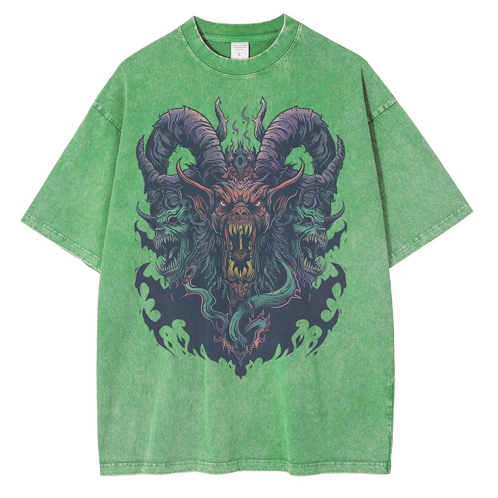 Cotton Distressed Batik Washed Graphic T-shirts Hell Demon Beast Printed T-shirt Drop Shoulder Vintage Oversized T-shirt 230GSM
