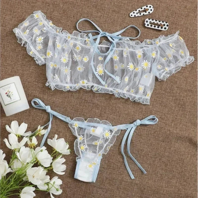 Ashburn Sexy Underwear Lace Lingerie Set For Women Off-Shoulder Small Chest Bralette+Thong Beachwear Transparent Bra Set New