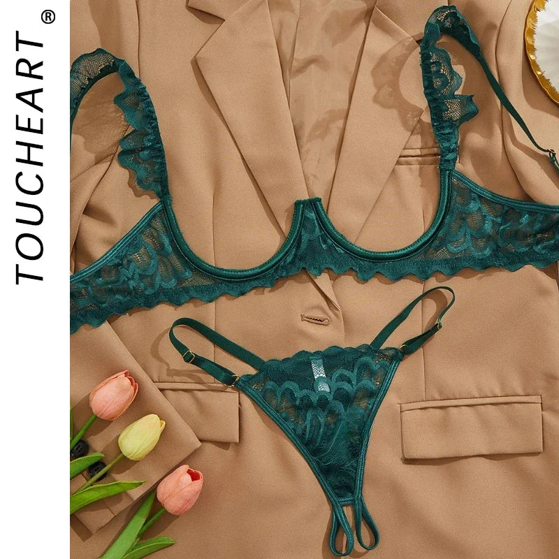 Toucheart 2 Piece Set Sexy Interesting Underwear Set for Women Solid Color Lace Mesh See-through Bra Exotic Sexy Lingerie Set