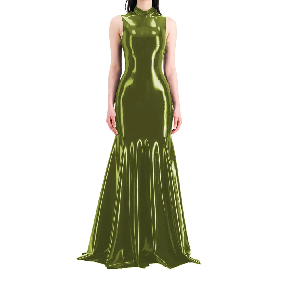 Women's Sleeveless Half High Neck Wet Look PVC Maxi Dress, Faux Latex Mermaid Floor-Length Dress, Party Club Fetish Outfit,