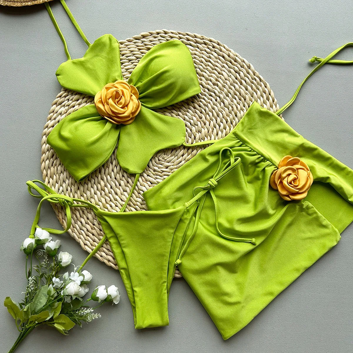 2025 New Green Big Flower 3 Pieces Suit Swimwear Sexy Neck Hanging Backless Bikini Set+Skirt Bathing Suits Beachwear Vacation