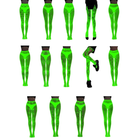 Women Glow in Dark Halloween Fishnet Pantyhose Luminously Spiderweb Skull Pattern Mesh Tights Stockings Party Hosiery