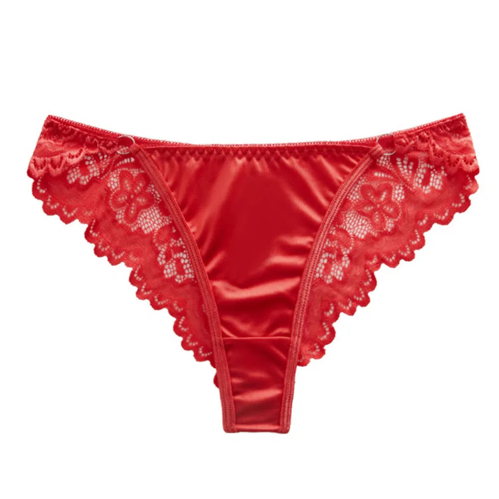 1pc Women's Satin Silky Knickers Sexy Bikini Briefs Underwear See Through Lace Panties Low Waist Female Thongs