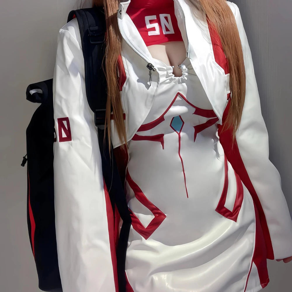 Ayanami Rei White Leather Motorcycle Uniform Asuka Langley Soryu Cosplay Costume Women  Anime Cosplay Leather Coat and Dress