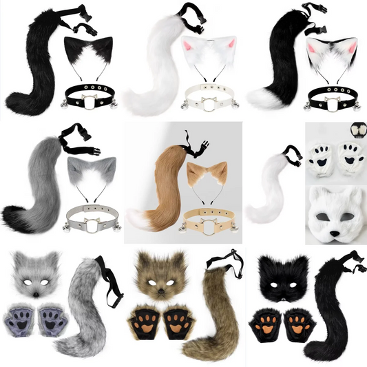 Fox Cat Ears Mask+Tail +Gloves，Fluffy Animal Headwear Ears Hairpin+Tail +Bell，Hair Hoop Set for Halloween Cosplay Accessories