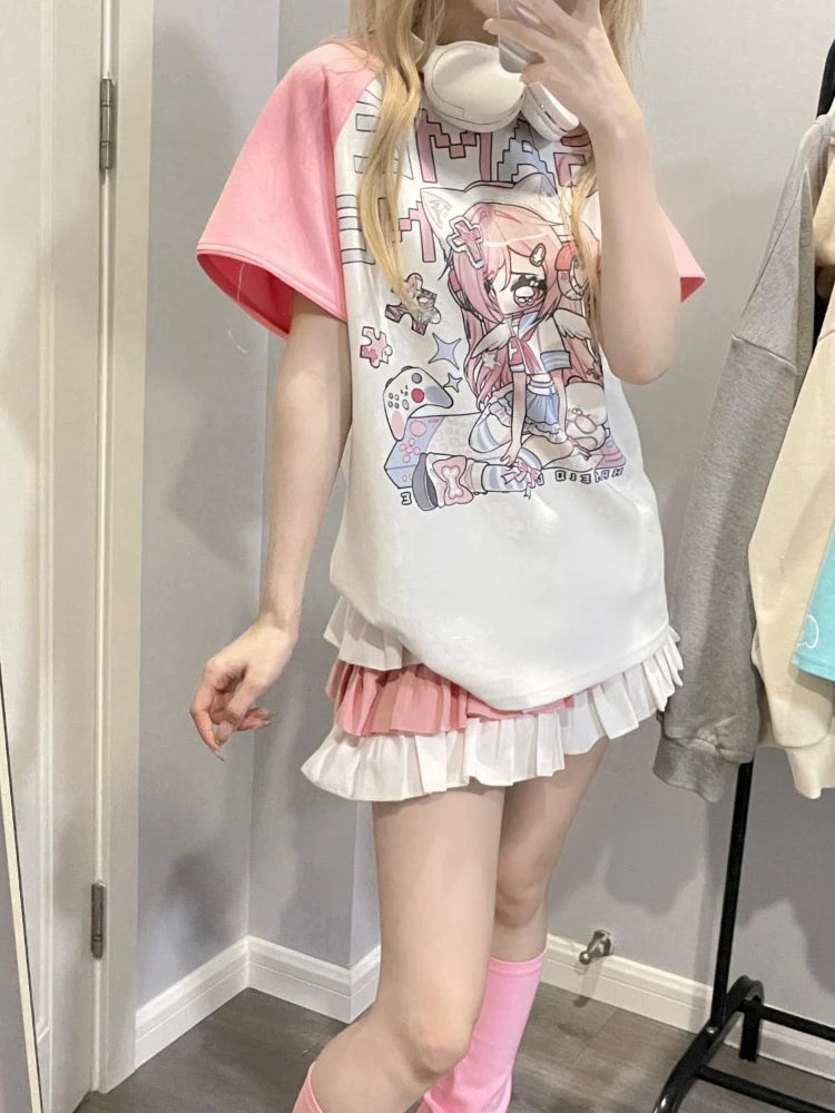 Autumn Japanese Cartoon Print Hoodie Women Clothing Patchwork Y2k Aesthetic Tops 2025 Oversized Casual Zipper Grunge Sweatshirt