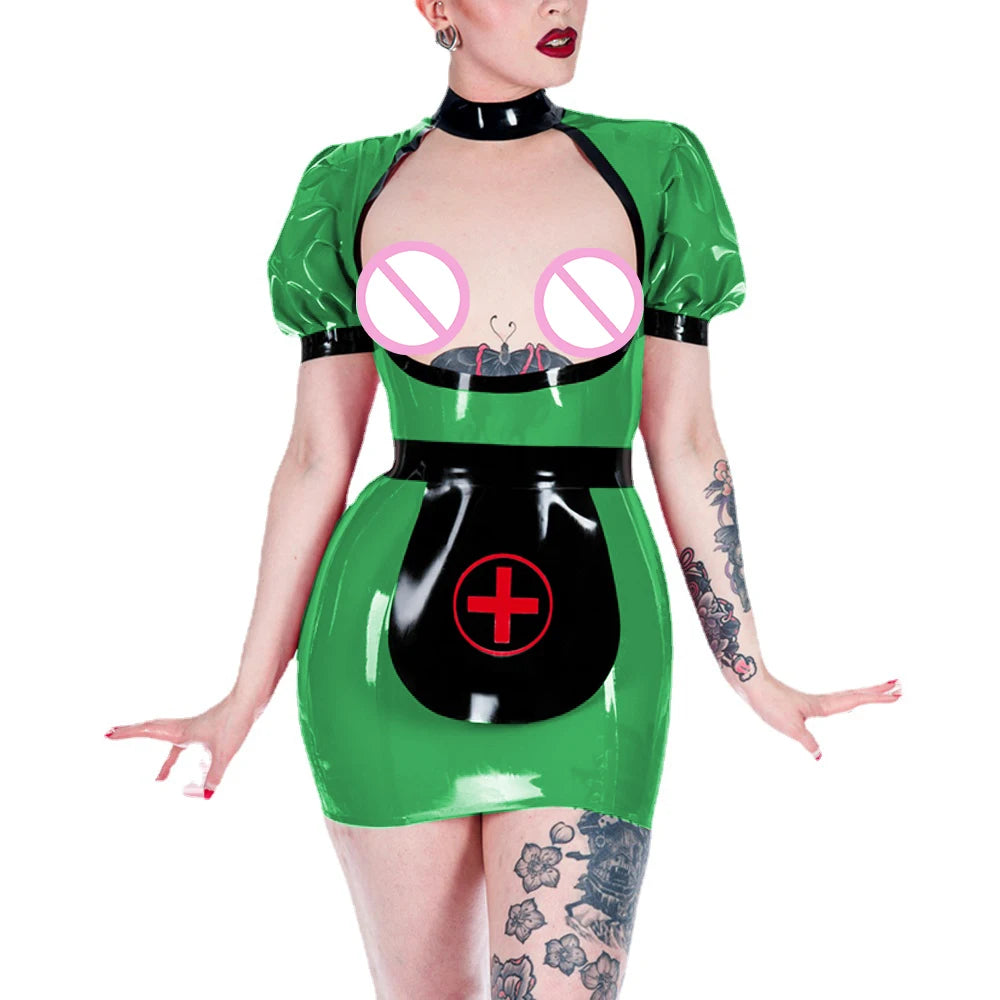 Sexy Shiny PVC Open Chest Apron Nurse Uniform Exotic Party Hip Exposed Bodycon Mini Dress Fetish Cosplay Costumes Role Play Set