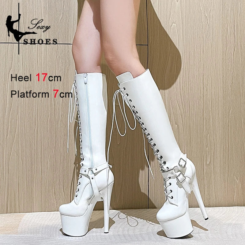 Women Erotic Red T-tied Knee-High Boots Pole Dancing Fashion Boots Zip Stiletto Gothic Fetish Long Boots Stripper Shoes