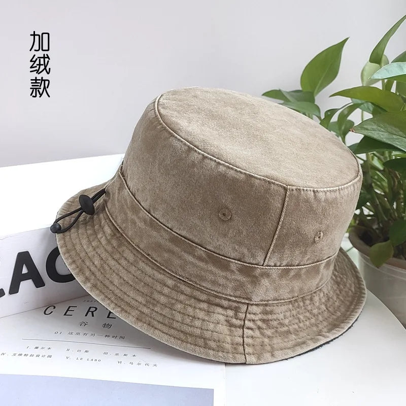 Bucket Hats with Thin Fleece Lined for Men and Women, Oversized Caps, Cotton Stone Washed, Big Head, XXXL, 59-62cm, 63-64cm
