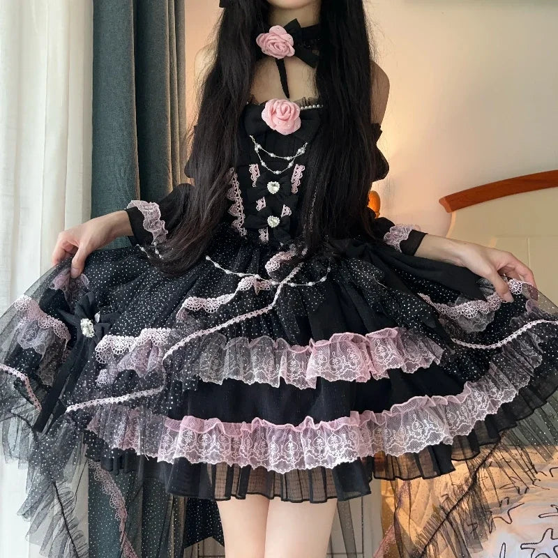 Red Lolita Strapless Dress Spring and Summer New Sweet Girl Ladies High Waist Elegant with Tail Party Short Dresses for Women