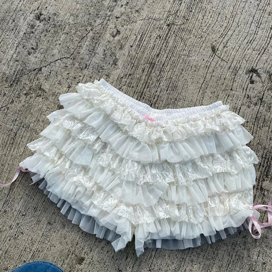 White Tierred Lace Frilly Bloomers Shorts Fairy Coquette Ruffles Multi-layers Pants Aesthetic 00s 90s Vintage Pettipants Shorts