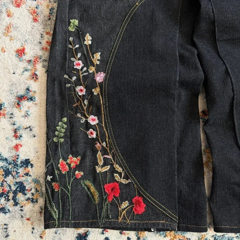 Y2K Floral Baggy Jeans Retro Blossom Embroidery Streamlined Unisex Streetwear Gothic High Street Oversized Wide Leg Men Pants