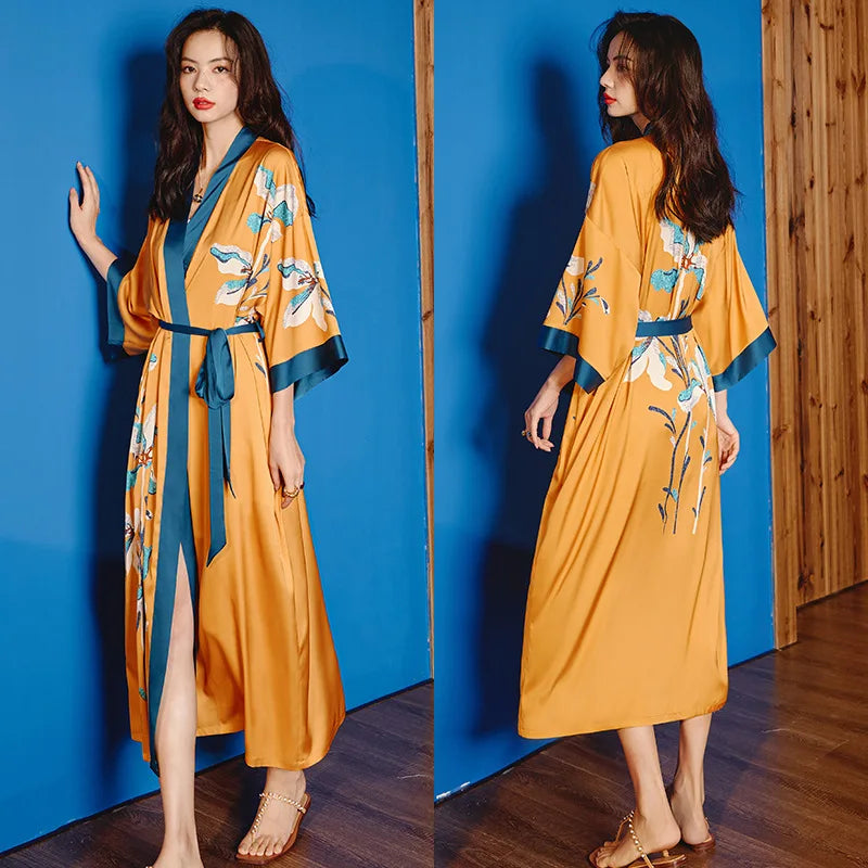 Oversize Long Robe Spring Summer Women Sleepwear Kimono Bathrobe Gown Sexy Satin Nightwear Nightgown Loose Home Dressing Gown