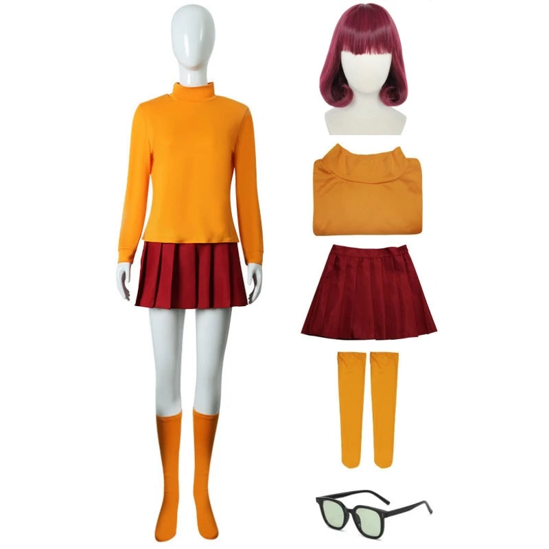Anime Velma Seragam Cosplay Kostum Orange Short Skirt Uniform Wanita Oranye Kaus Kaki Rok Atas Halloween Party Carnival Set