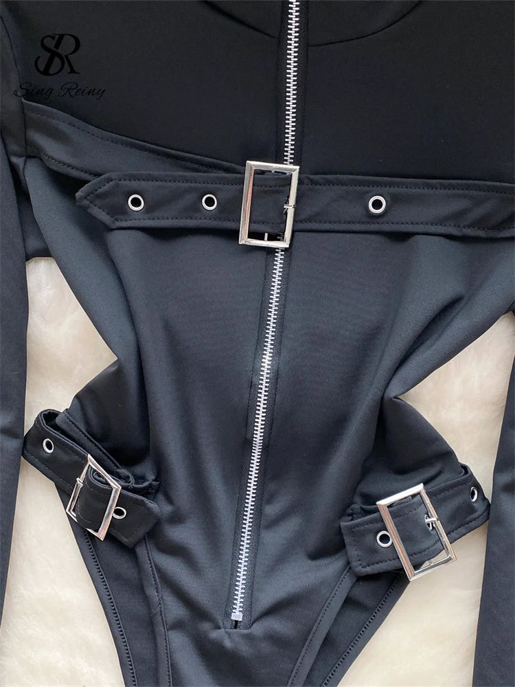 Vintage Zippers Slim Rompers Female Half High Sheath Playsuits Fashion Open Crotch Women Streetwear Bodysuits