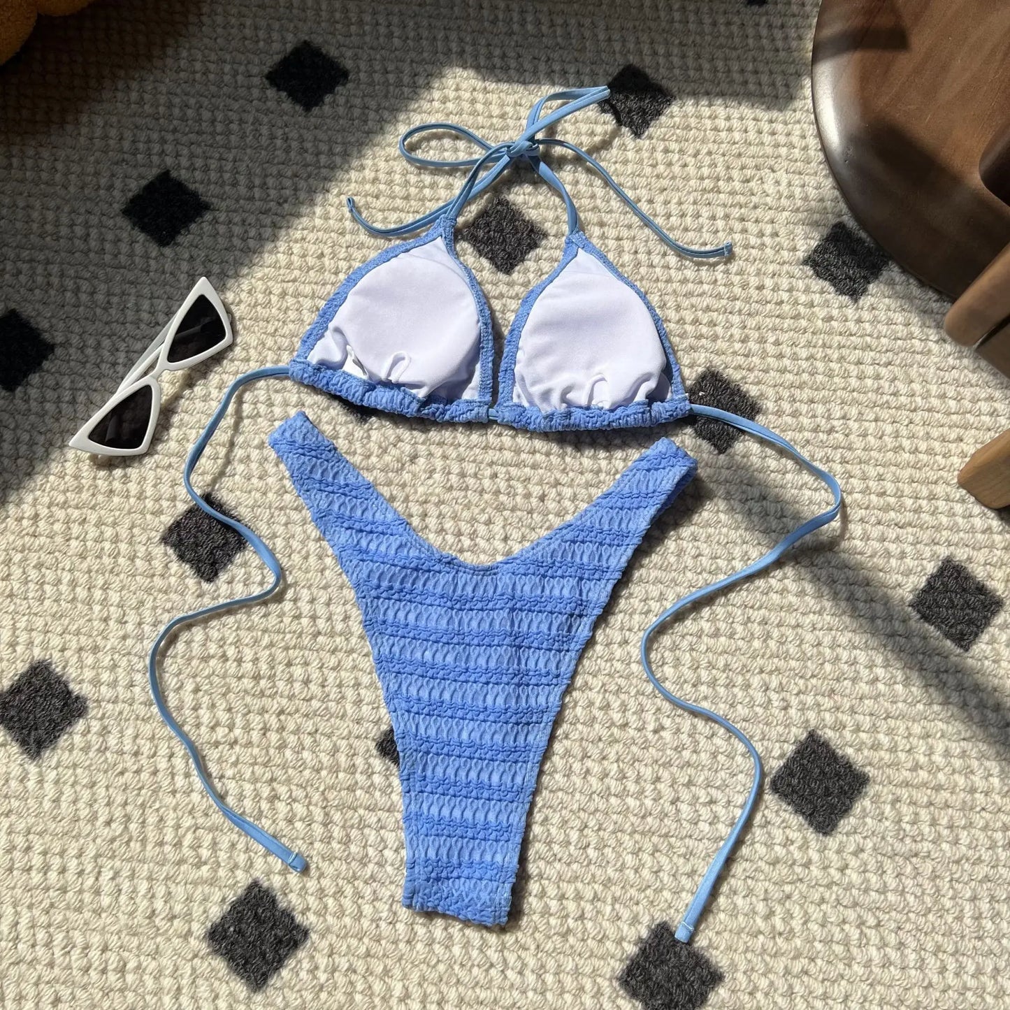 Melphieer Bikini 2025 Summer Lady's Clothes Beach Textured 2 Piece Bikini Set String Halter Ties Top High Leg Bottom VacayOutfit