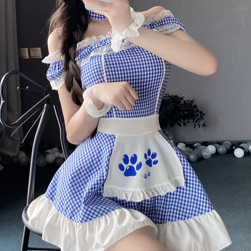 Cute Waiter Roleplay Costumes Lolita Blue Plaid Dress Cosplay Maid Uniform Women Kawaii Servant Outfits Passion Lingerie Pajamas