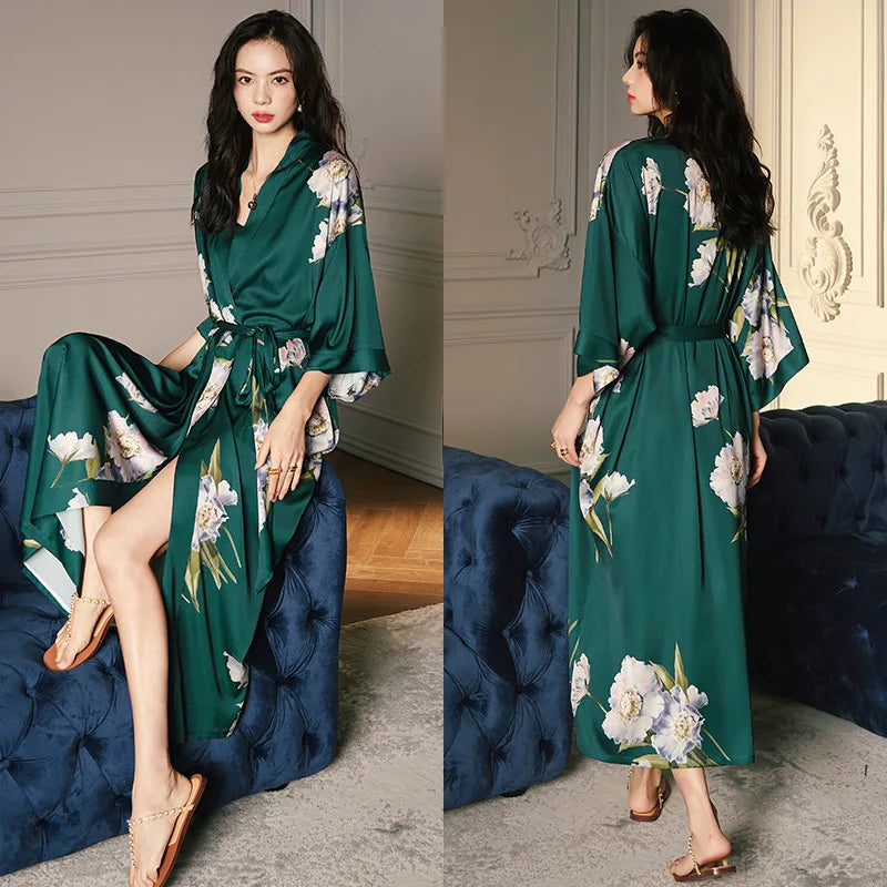 Oversize Long Robe Spring Summer Women Sleepwear Kimono Bathrobe Gown Sexy Satin Nightwear Nightgown Loose Home Dressing Gown