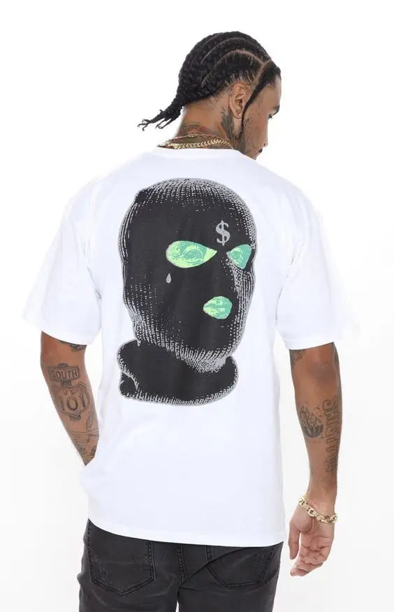 24/25 High-quality American High Street Masked Person Printed T-shirt for Men Oversized Loose Harajuku Short Sleeved Tops