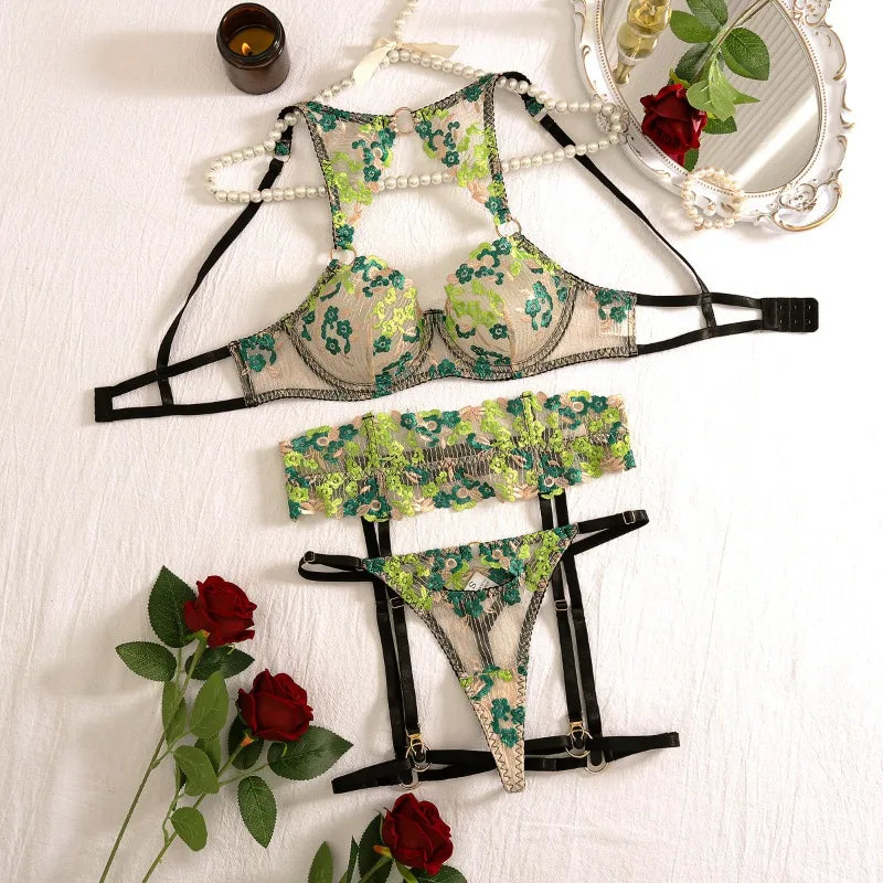 Toucheart Sexy Floral Lingerie Set for Women Mesh Patchwork Embroidery Women's Underwear Suit Sexy Garters Underwear 4-piece Set