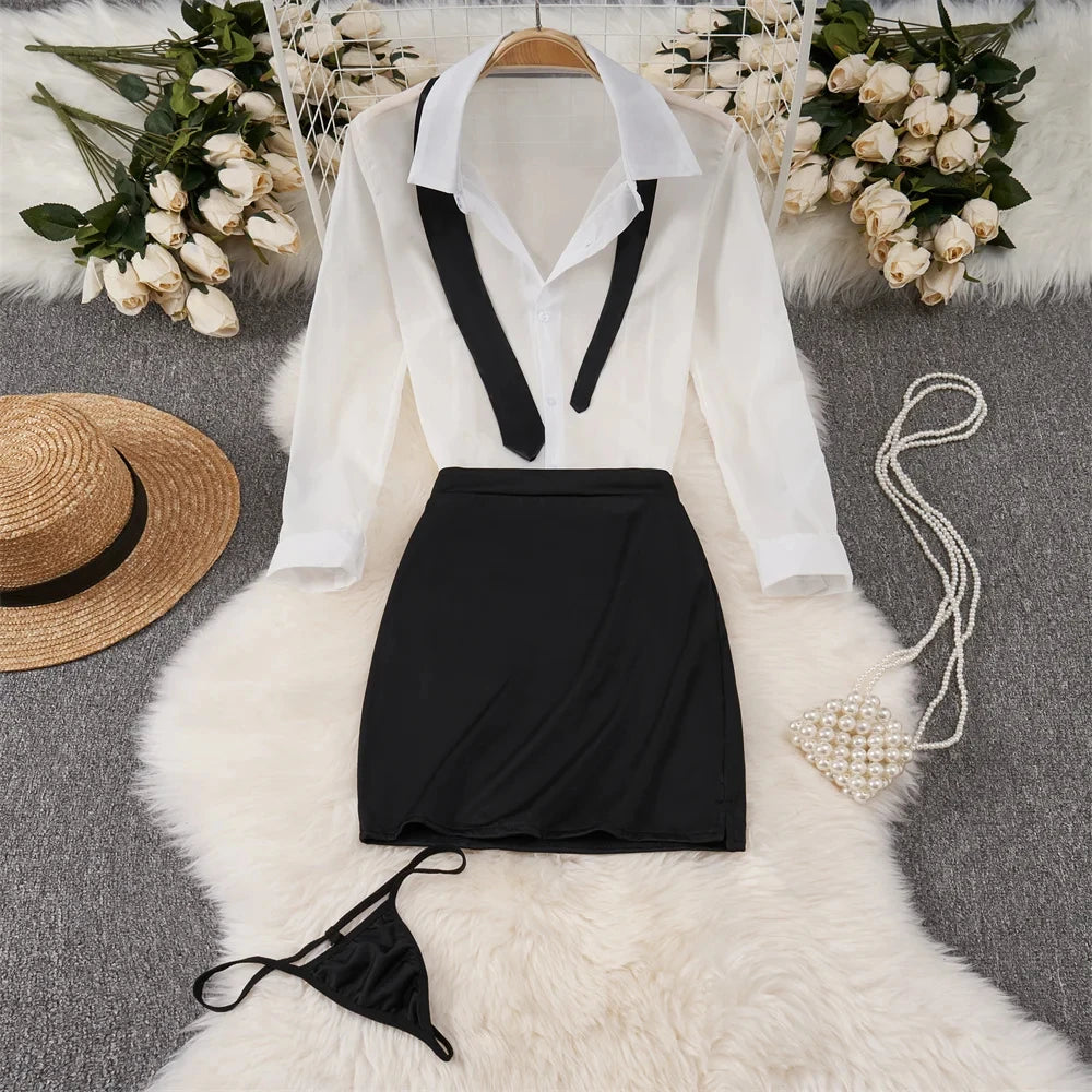 Toucheart Preppy Style Sexy Uniform Sets Women Sexy Uniform Suit Sheer Top+Lace Up Mini Skirt+Thongs Hollow Cosplay Porn Suits