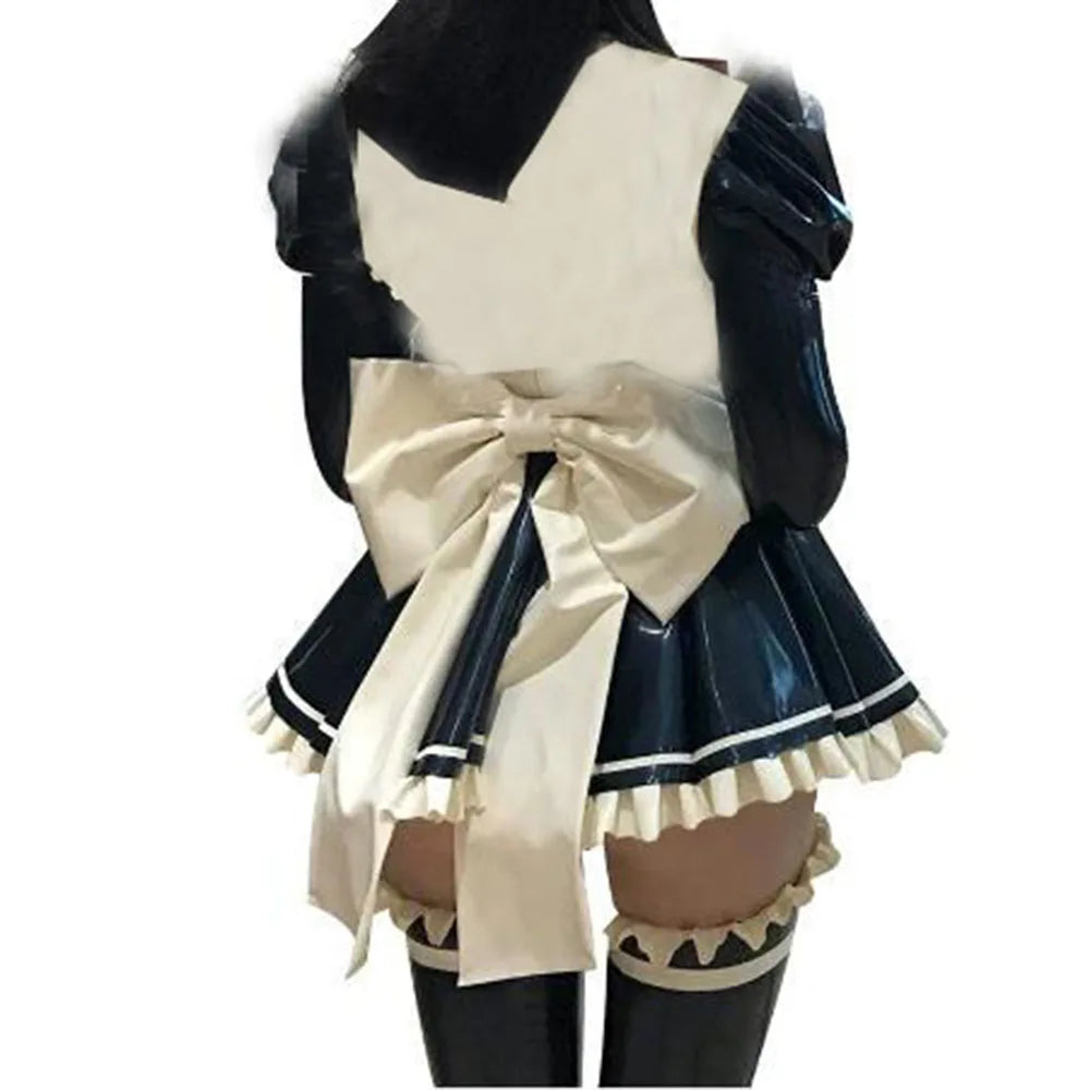 Cosplay Custom Mini Dress Sexy Faux Latex French Maid Club Dresses Long Puffs Sleeves Ruffles PVC Uniform Outfit Clubwear