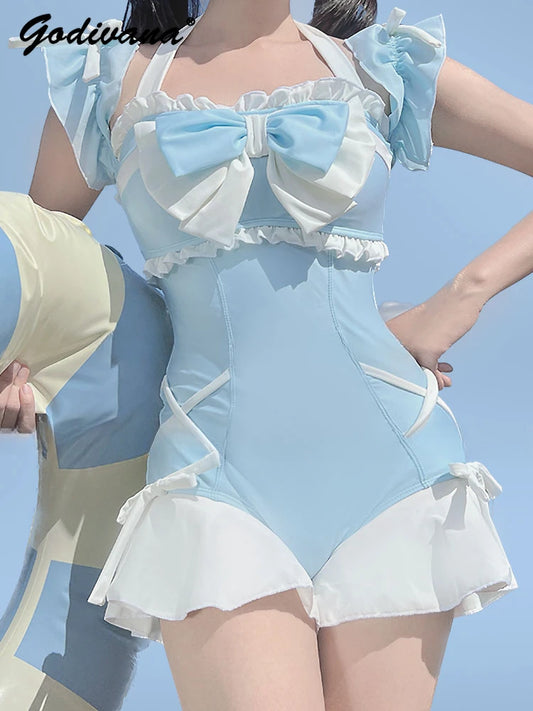 New Lolita Bow Girl Cute Water Blue Swimsuit Hot Spring Bathing Swimwear Japanese Style Women One Peice Swim Suit
