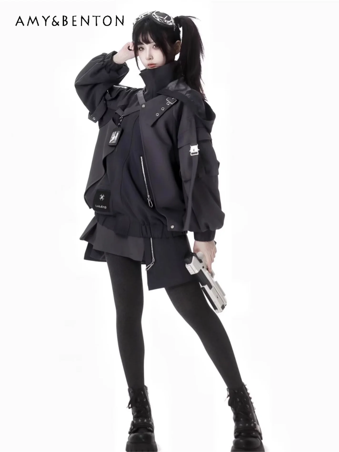 Gothic Splicing Mechanical Style Sets Sweet Cool Hooded Oversized Zipper Jacket Elastic Waist Casual Trousers Subculture Outfits