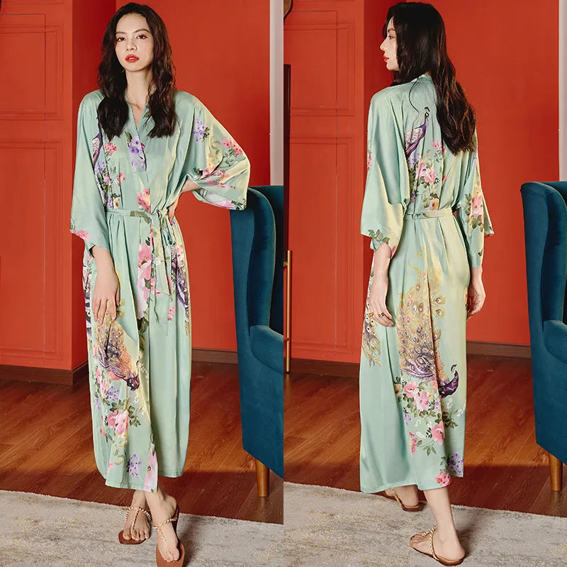 Oversize Long Robe Spring Summer Women Sleepwear Kimono Bathrobe Gown Sexy Satin Nightwear Nightgown Loose Home Dressing Gown